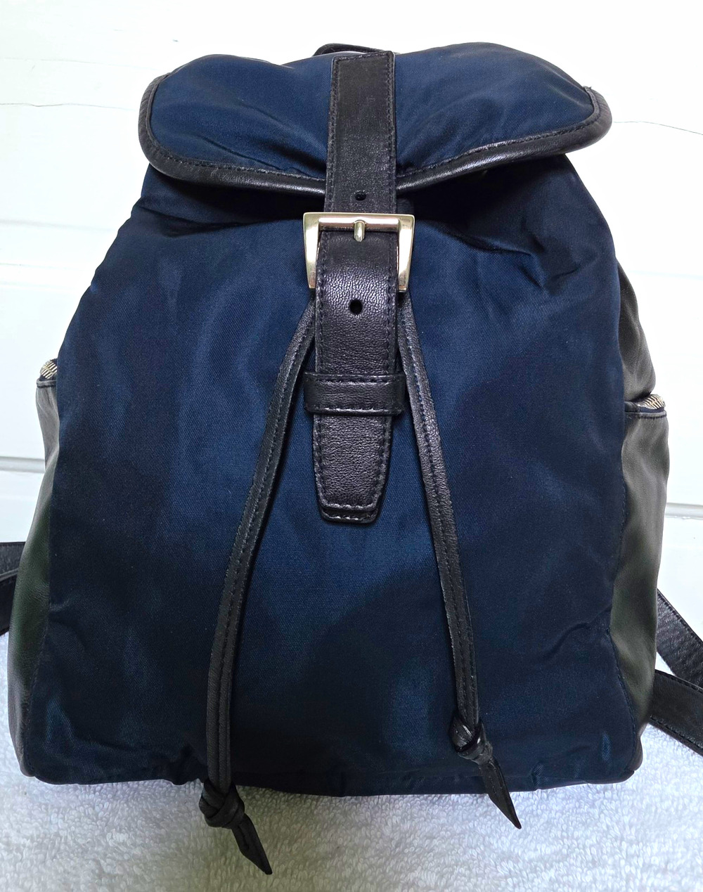 Prada Milano Navy/Black Nylon Leather Drawstring Backpack Silver HW w/ COA